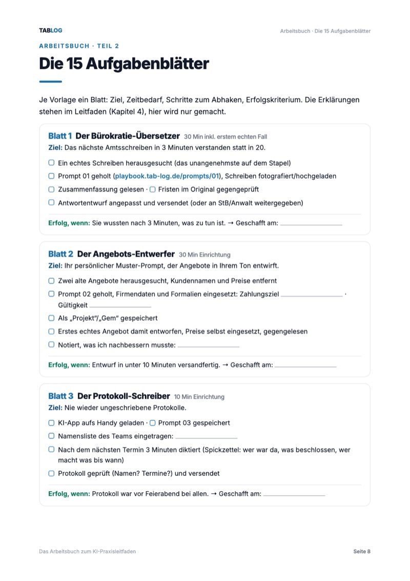 Aufgabenblätter im Arbeitsbuch